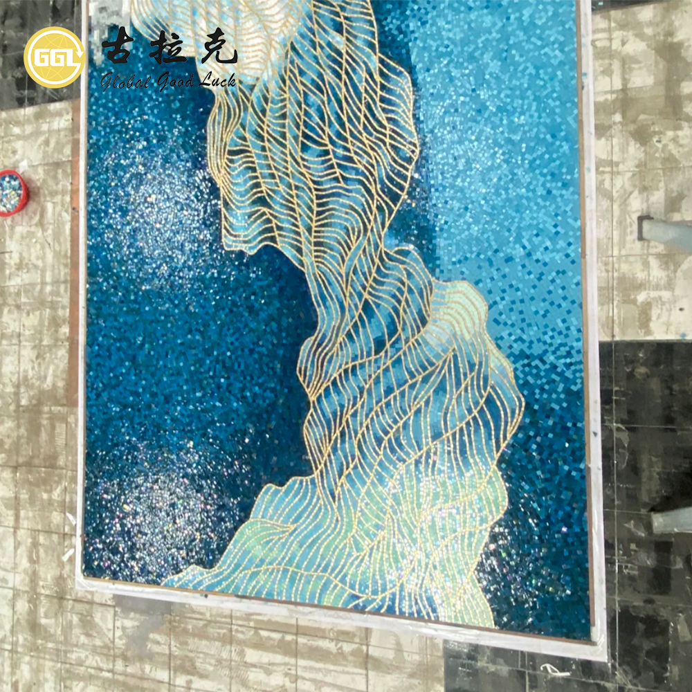 Blue Gold Abstract Mosaic Mural – Luxury Handmade Mosaic Wall Art for Modern Interior Spaces