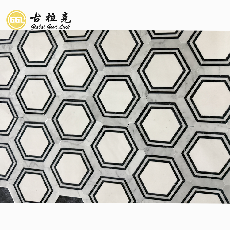 Sechseckiger schwarzer weißer Marmor-Stein-Mosaikflor für Wohnraumfliesen-Design