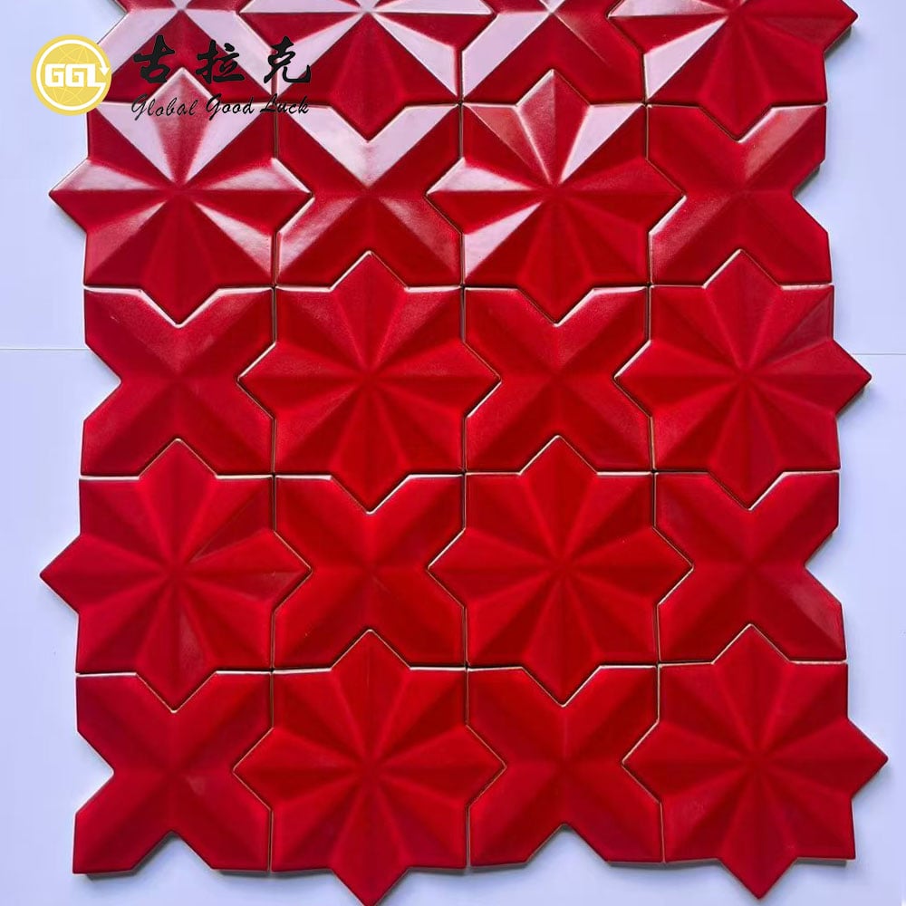 Red 3D Star Pattern Ceramic Mosaic Tile with Gold Accents for Decorative Walls