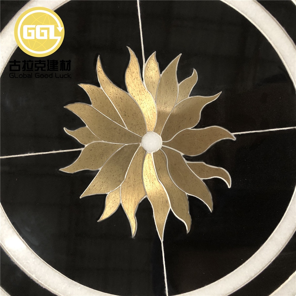 Schwarze Marmor Mosaikfliese Gold Sonnenblumenmuster Messing Einlegearbeiten für Wand- und Bodenfliesen