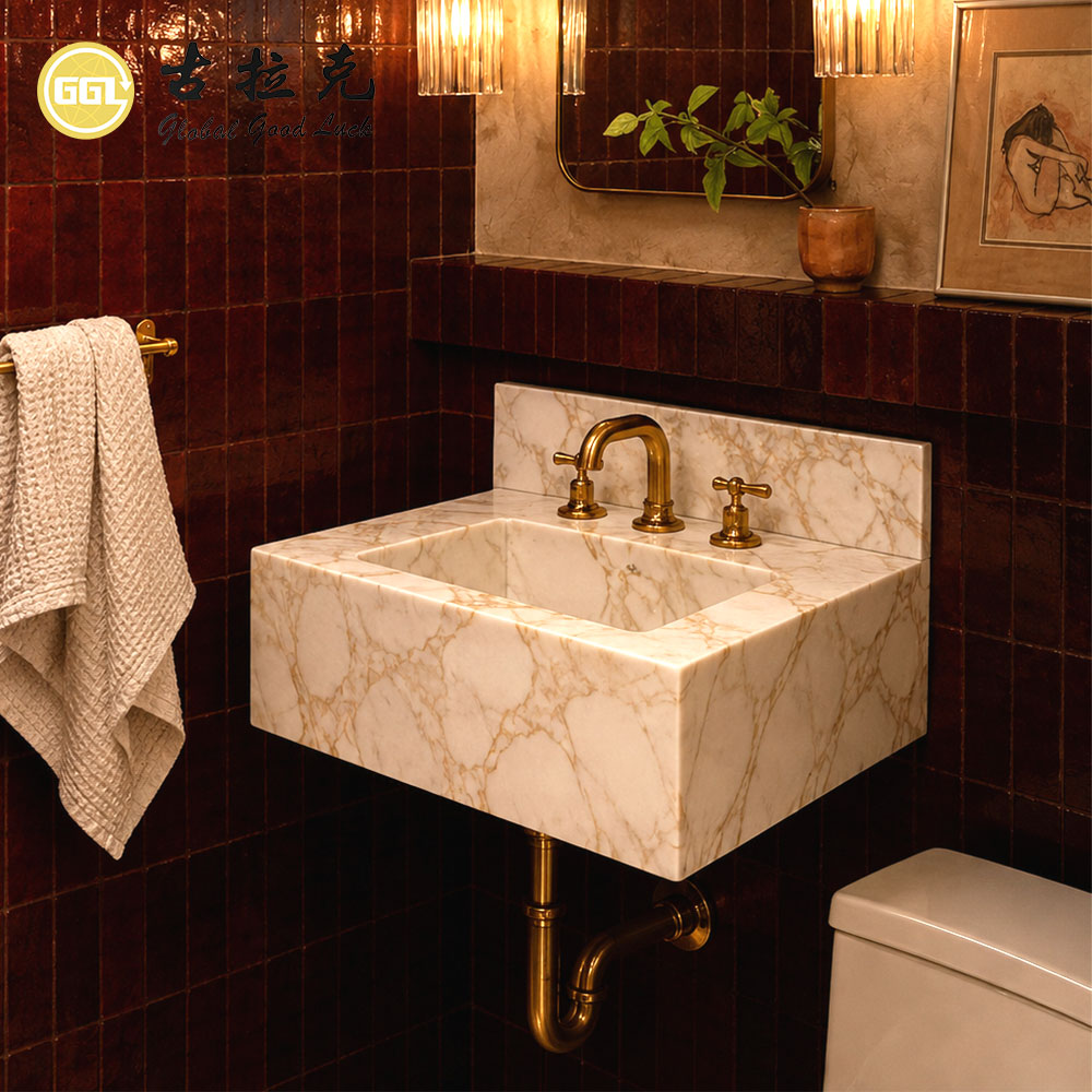 Italienischer Calacatta-Gold-Marmor-Waschtisch | Individueller Luxus-Badezimmer-Waschbecken