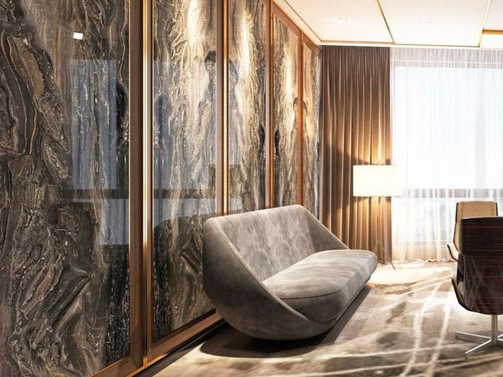 Arabescato Orobico Grigio marble feature wall in a luxury contemporary interior.