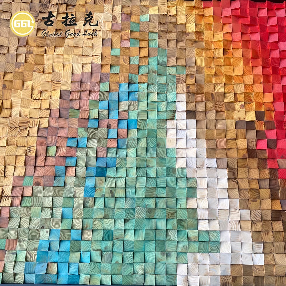 Custom 3D Color Gradient Wood Mosaic Wall Art Mural for Home Wall Panel Decoration
