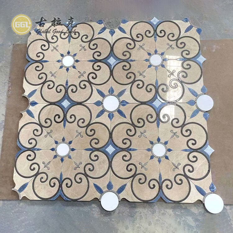 Flower Design Marble Mosaic Tile Blaue Beige Steinfliesen für die Villen-Innenausstattung