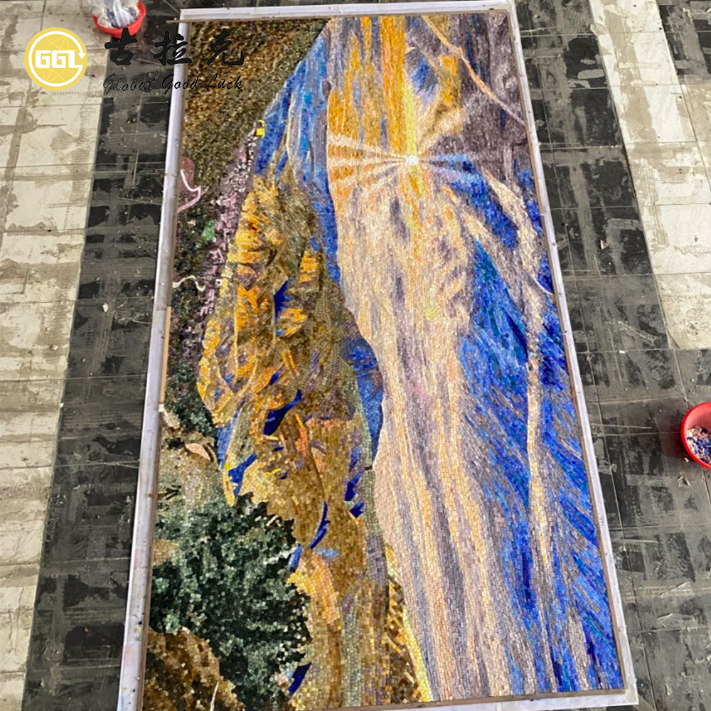 Sunset Landscape Mosaic Mural – Handmade Artistic Wall Decor for Luxury Interiors