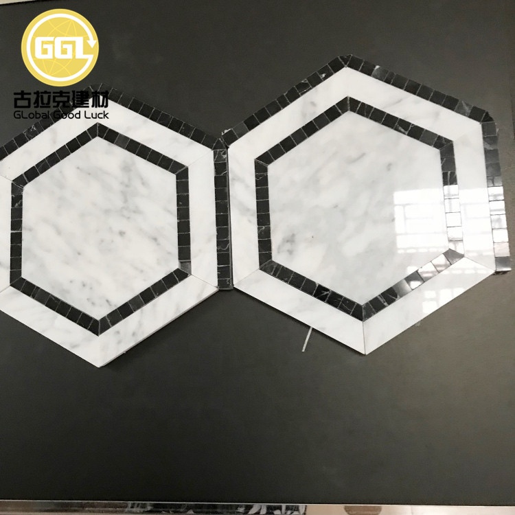 Carrara Weiß Misch Schwarz Nero Marquina Marmor große Sechseckform Marmor Mosaikfliese für Küche/Wohnzimmer Boden und Wand Dekor