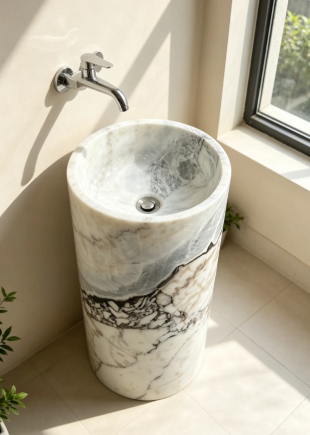 Freestanding stone basin in a luxury bathroom interior setting