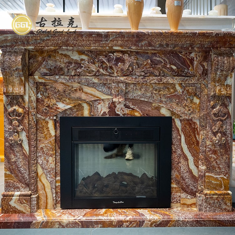 Luxuri 3D artizanal Red Onyx Fireplace Mantel Decor de perete Natura personalizabilă