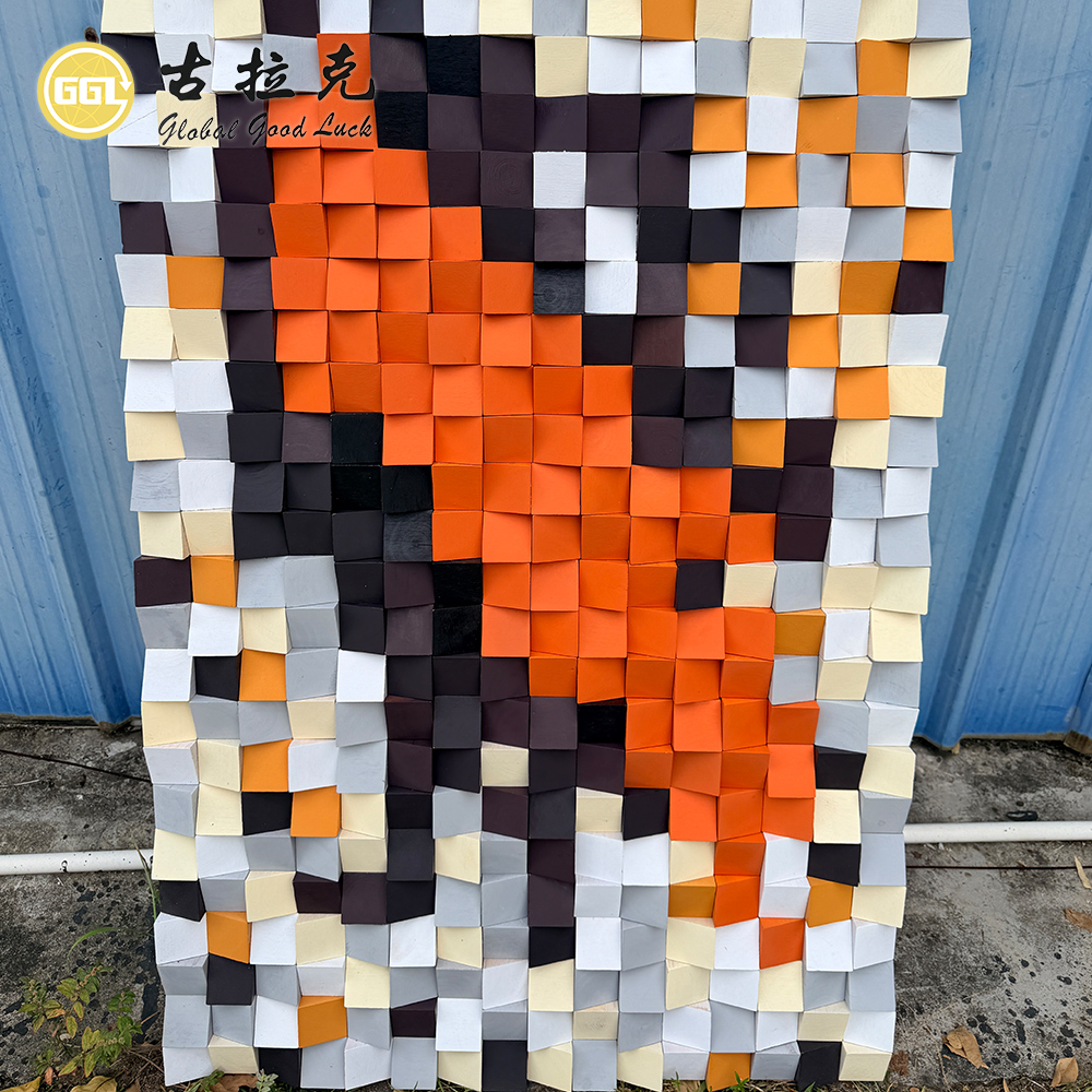 Handmade 3D Abstract Wood Mosaic Mural with Orange & Black Tones