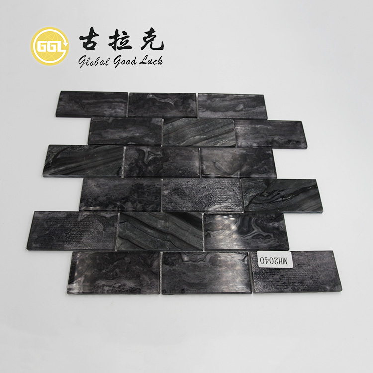 Svart Glass Mix Marmor Svart Strip Form Mosaikk For Veggflis