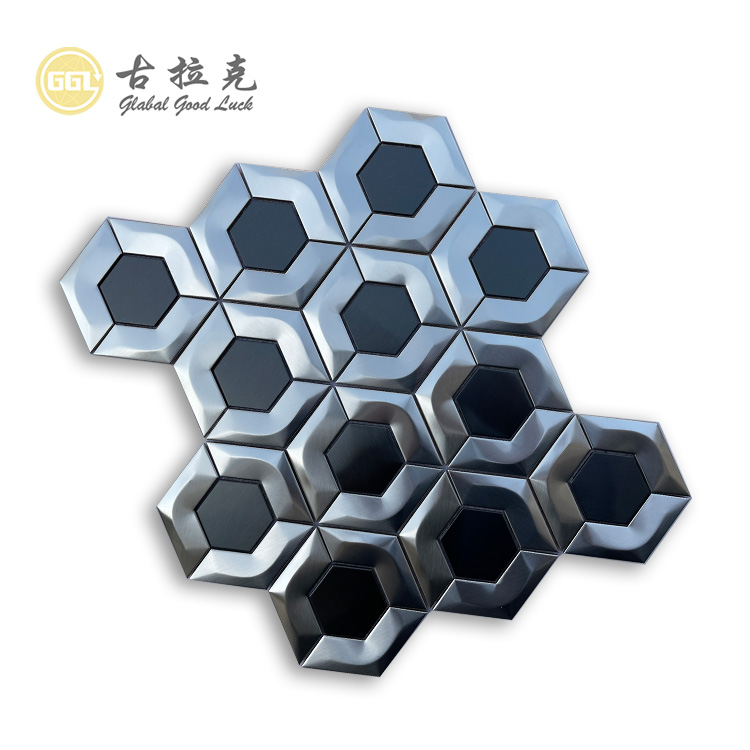 3D Vlekvrye Staal Mosaïek Backsplash Seshoek Silwer Metaal Mosaïek Teël