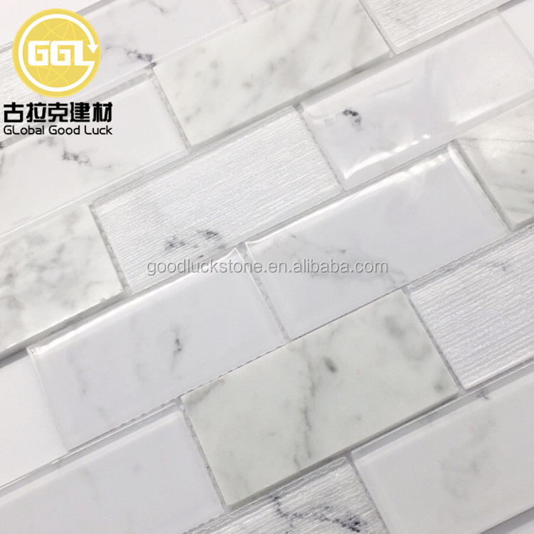 Strip Shape Stone Mix Crystal Glass Mosaic Tile for Bathroom Wall Tile