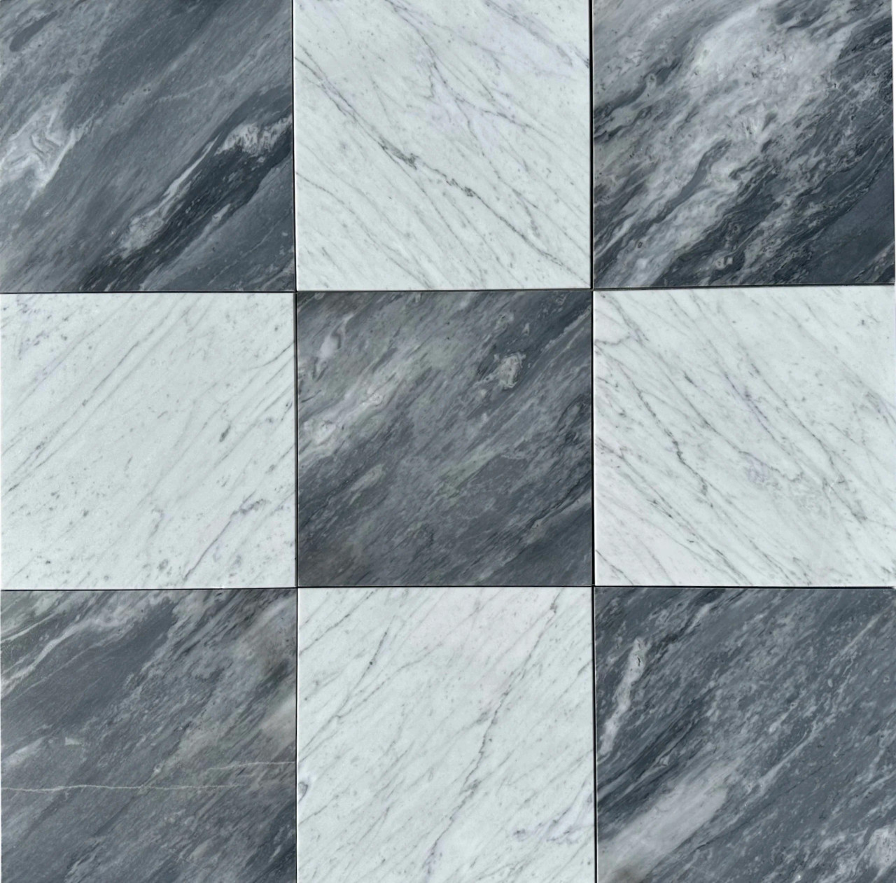 Florence Grey Marble and white marble large format tile layout