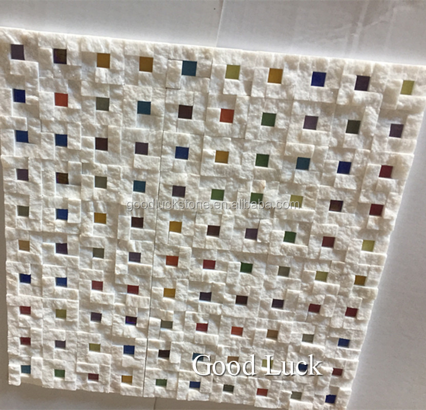 Natürlicher Marmor, weiß mit bunten Punkten, Korbflecht-Marmor-Mosaikfliesen