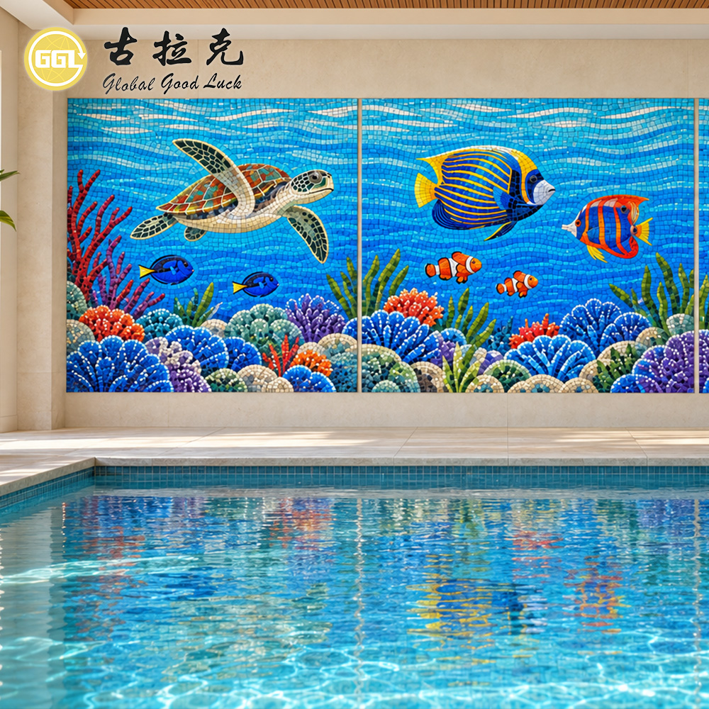 Custom Underwater Glass Mosaic Art Mural with Dolphin and Tropical Fish for Pool Walls
