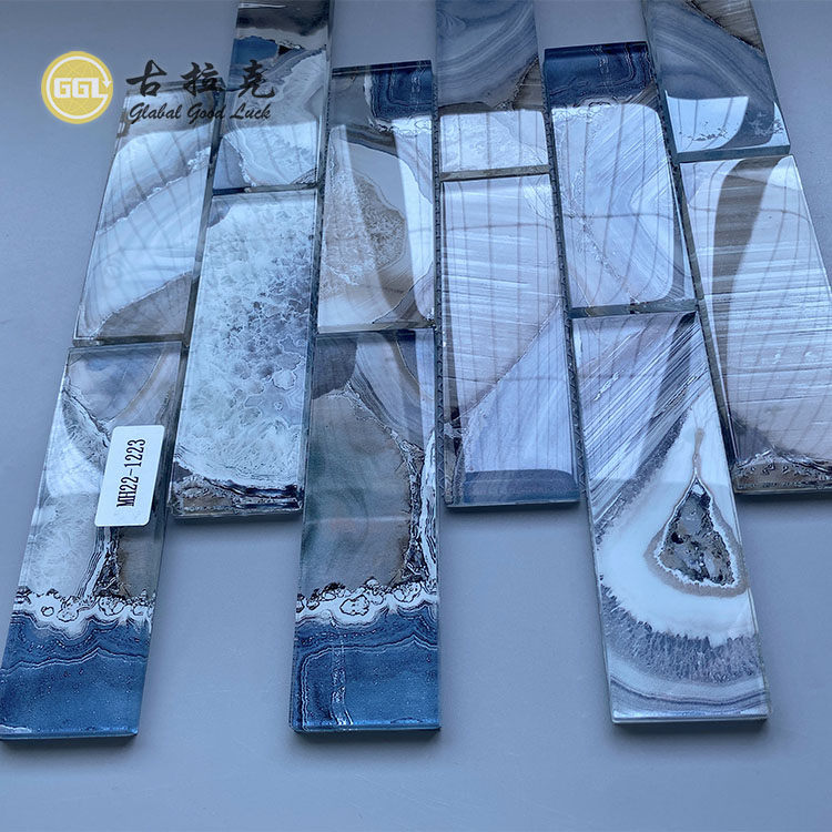Mozaik Kaca Biru Lukisan Tangan Reka Bentuk Fesyen Untuk Jubin Dinding Rumah