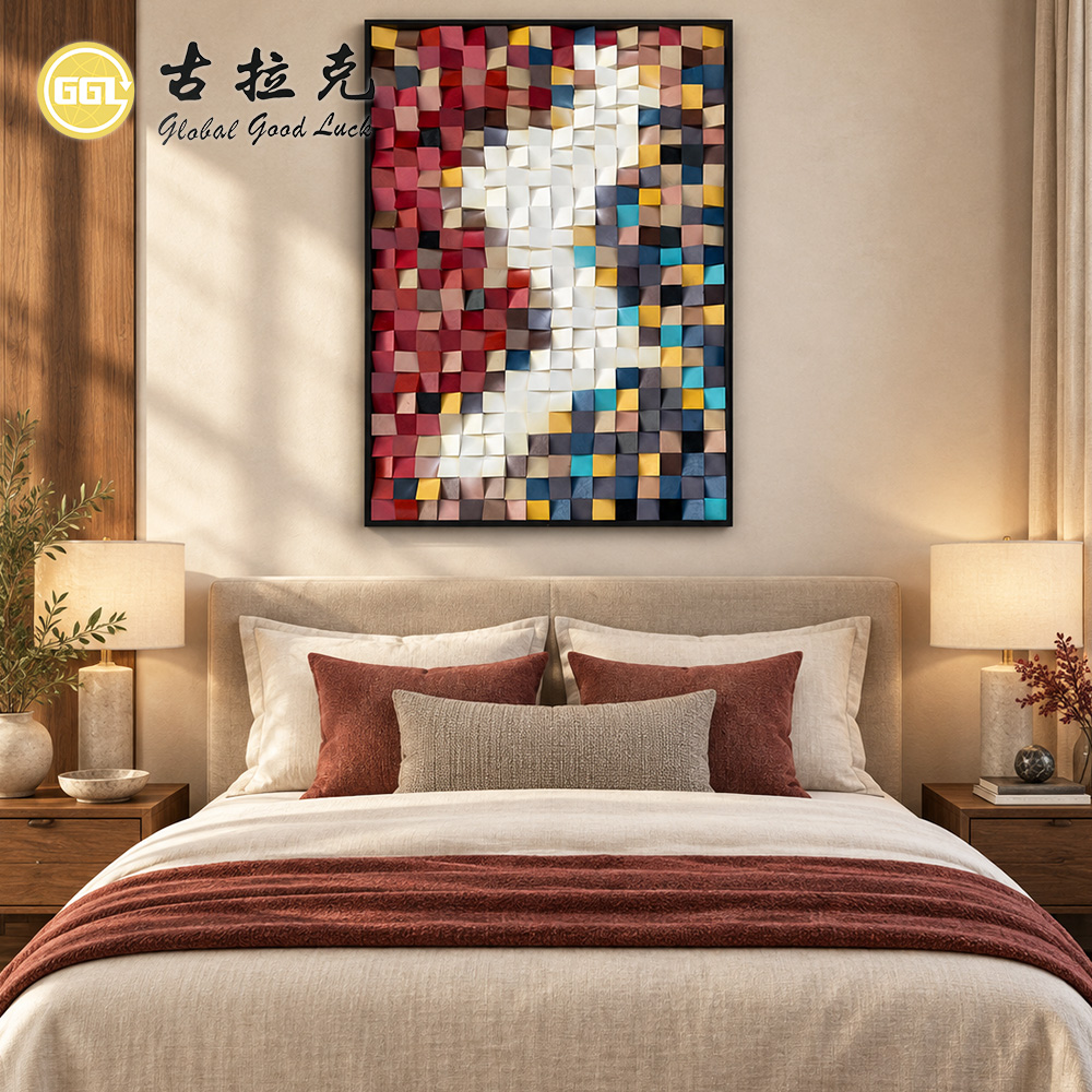 Handmade 3D Abstract Color Block Wood Mosaic Mural