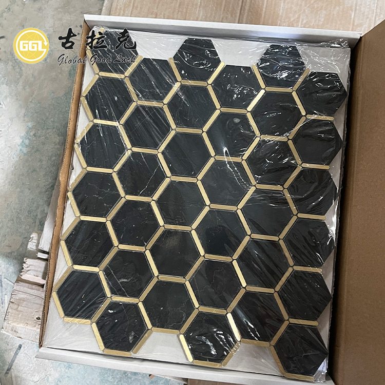 Nero Marquina Mermer Karışımı Bakır Mozaik Çini Su Jeti Altıgen Siyah Duvar Çini