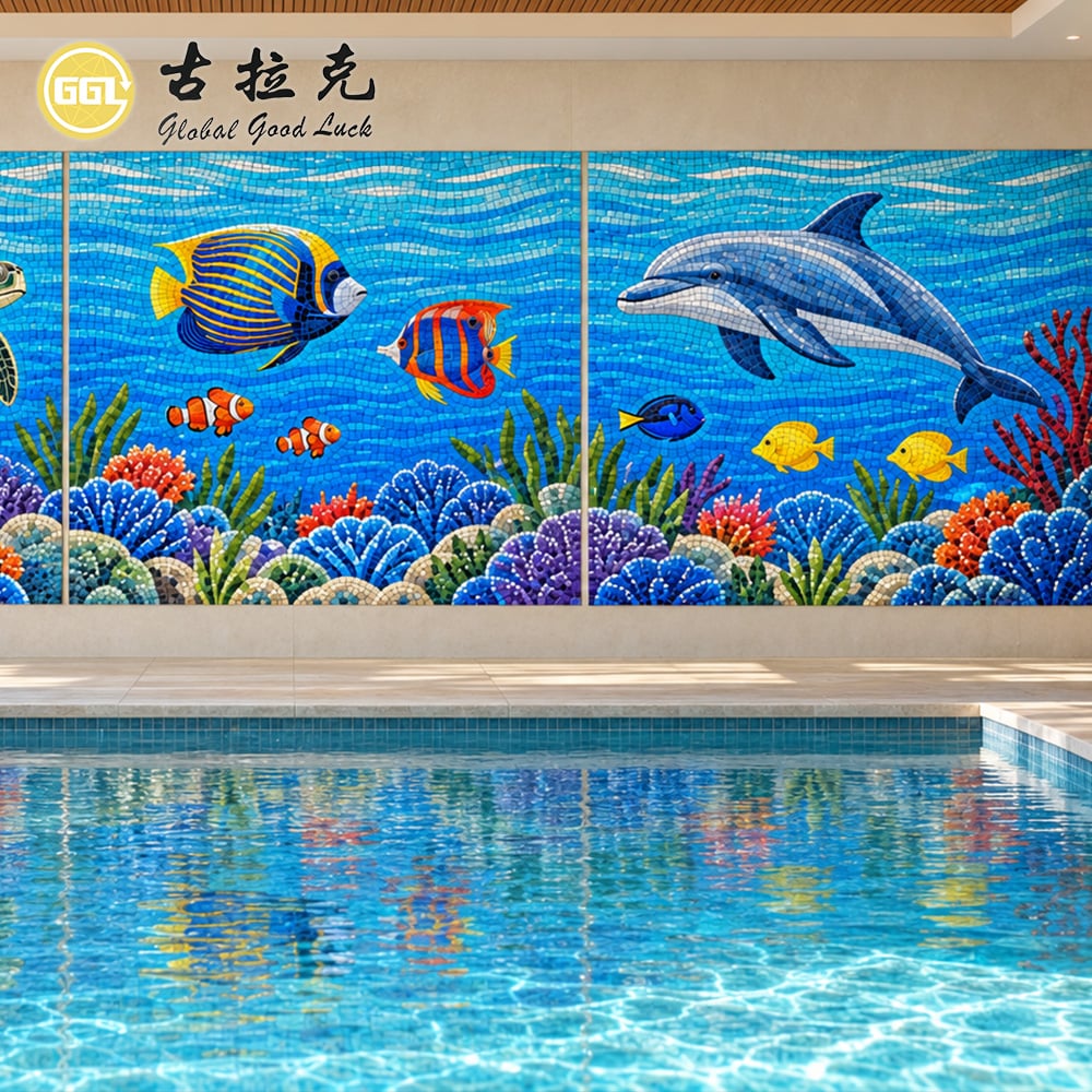 Custom Underwater Glass Mosaic Art Mural with Dolphin and Tropical Fish for Pool Walls
