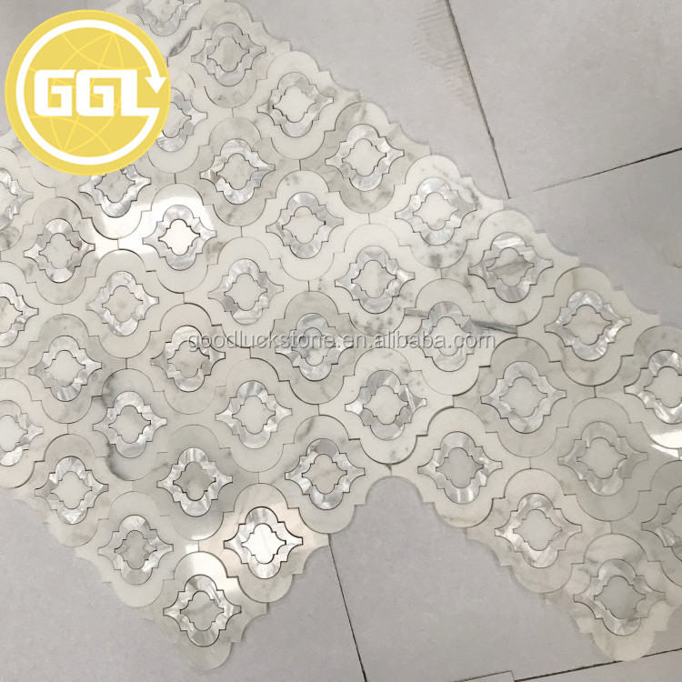 Piso Mosaico de Mármore Waterjet em Forma de Lantern com Concha de Pérola Branca