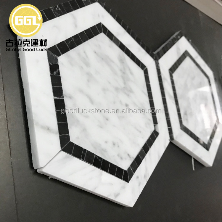 Carrara Weiß Misch Schwarz Nero Marquina Marmor große Sechseckform Marmor Mosaikfliese für Küche/Wohnzimmer Boden und Wand Dekor