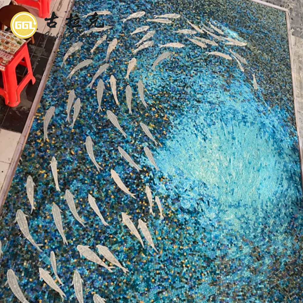Custom Fish Glass Mosaic Mural for Luxury Interior Feature Walls
