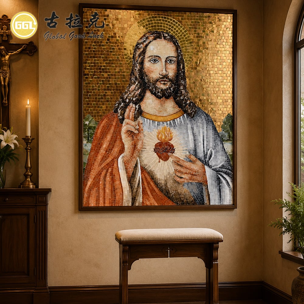 Handmade Glass Mosaic Religious Artwork – Sacred Heart of Jesus Mosaic Mural