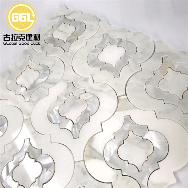 Piso Mosaico de Mármore Waterjet em Forma de Lantern com Concha de Pérola Branca