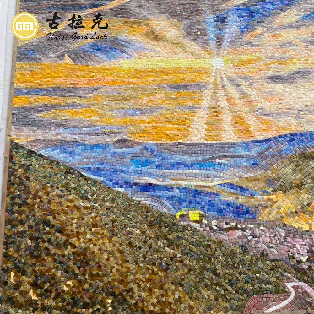 Sunset Landscape Mosaic Mural – Handmade Artistic Wall Decor for Luxury Interiors