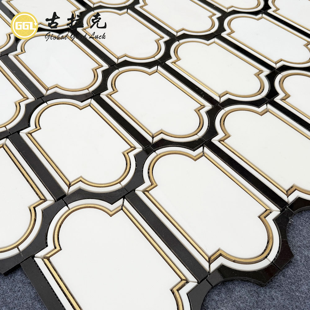 Classic Black & White Marble Waterjet Mosaic with Brass Inlay | Custom Stone Wall Tile