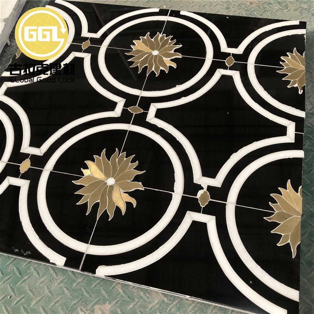 Schwarze Marmor Mosaikfliese Gold Sonnenblumenmuster Messing Einlegearbeiten für Wand- und Bodenfliesen