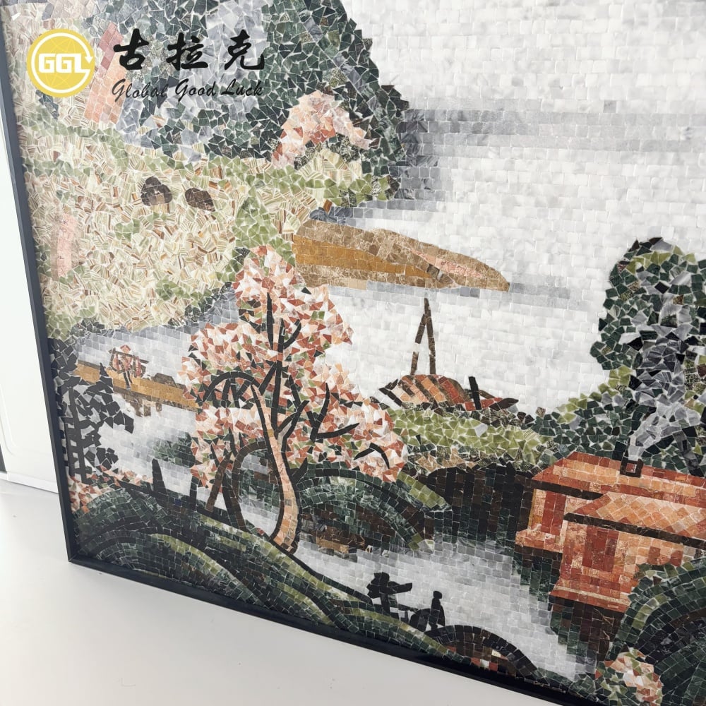 Handmade Natural Marble Mosaic Mural Landscape Painting for Luxury Interior Wall Decoration