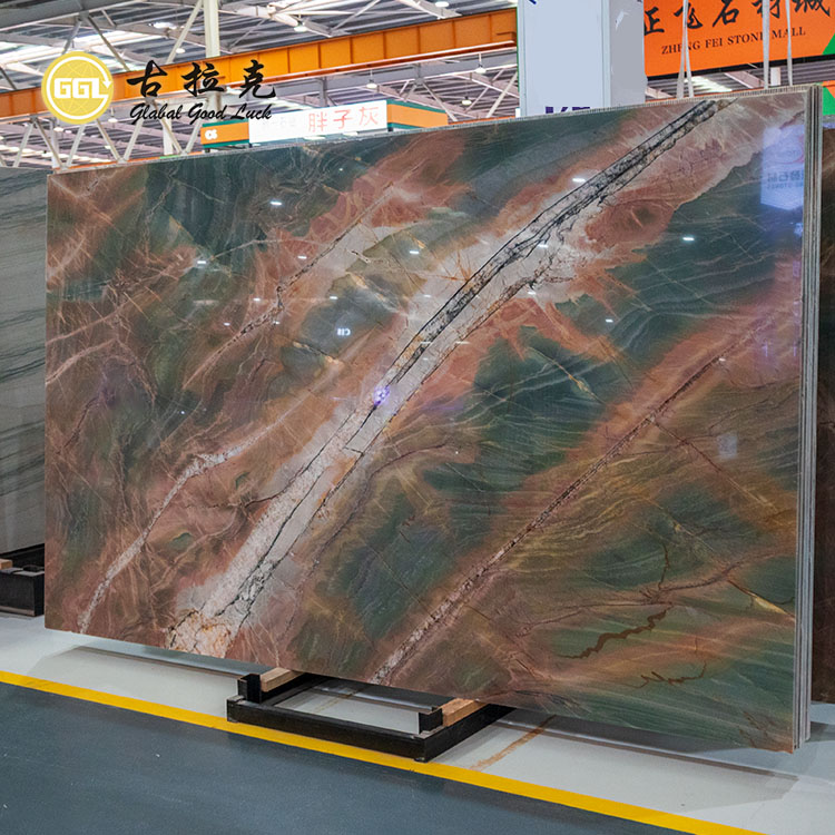 Duhuang Marble Slab Red Mix Green Veining for Countertop Wall Panal Decor