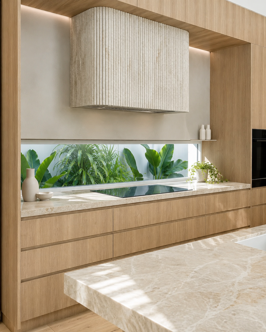 Floor-to-ceiling fluted Taj Mahal Quartzite range hood feature wall as kitchen focal point