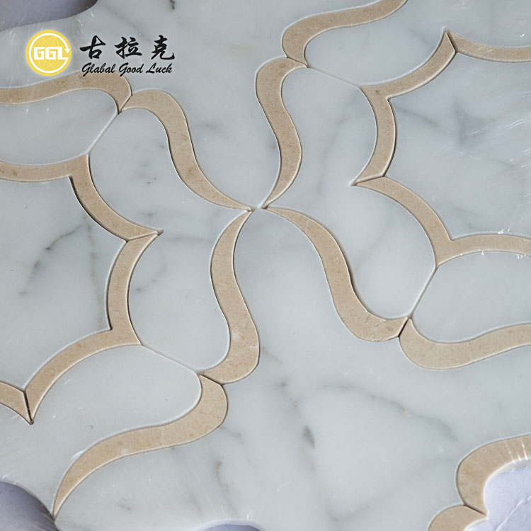 Calacatta White Mix Beige Patterns Marble Waterjet Mosaic Tile for Interior Decor