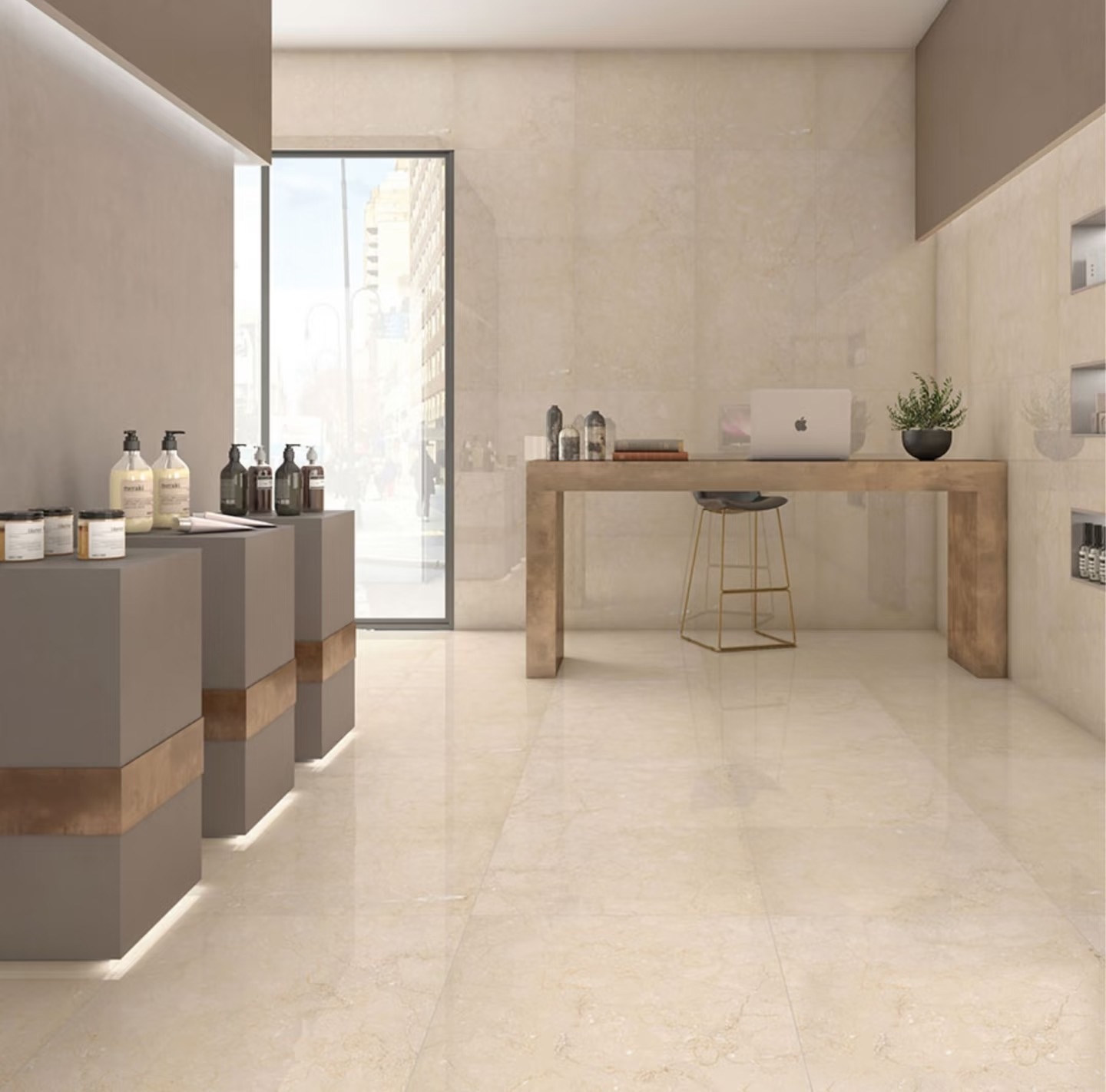Botticino marble slabs and floor tiles in a modern commercial interior