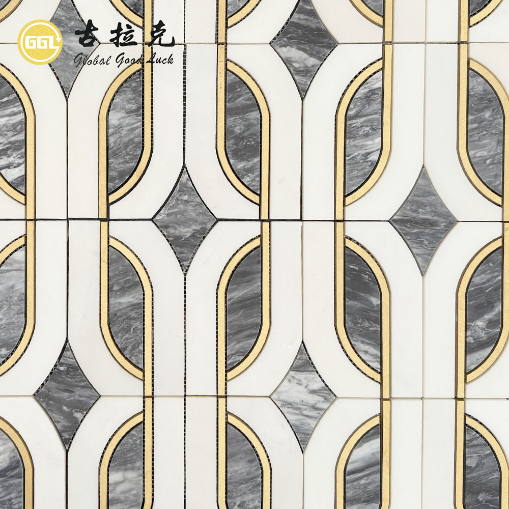 Natural Marble Waterjet Mosaic Tile with Brass Inlay | Florence Grey & White Marble Design