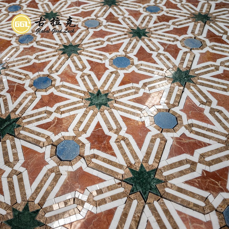 Schnittstern Rot und Blau Grün Steinmosaikfliese Wandboden Wasserstrahlschneidtechnik Fliese