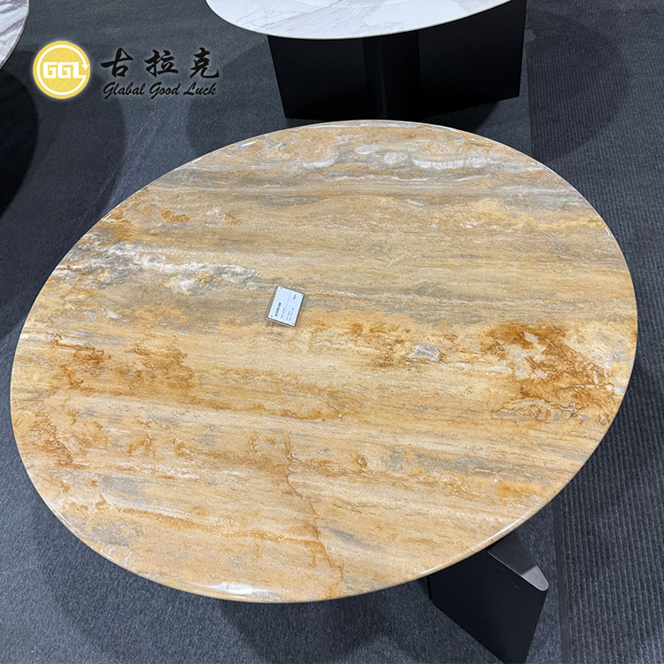 Italienischer Travertin Goldener Tischsatz Runder Marmor Luxusdesign Couchtisch