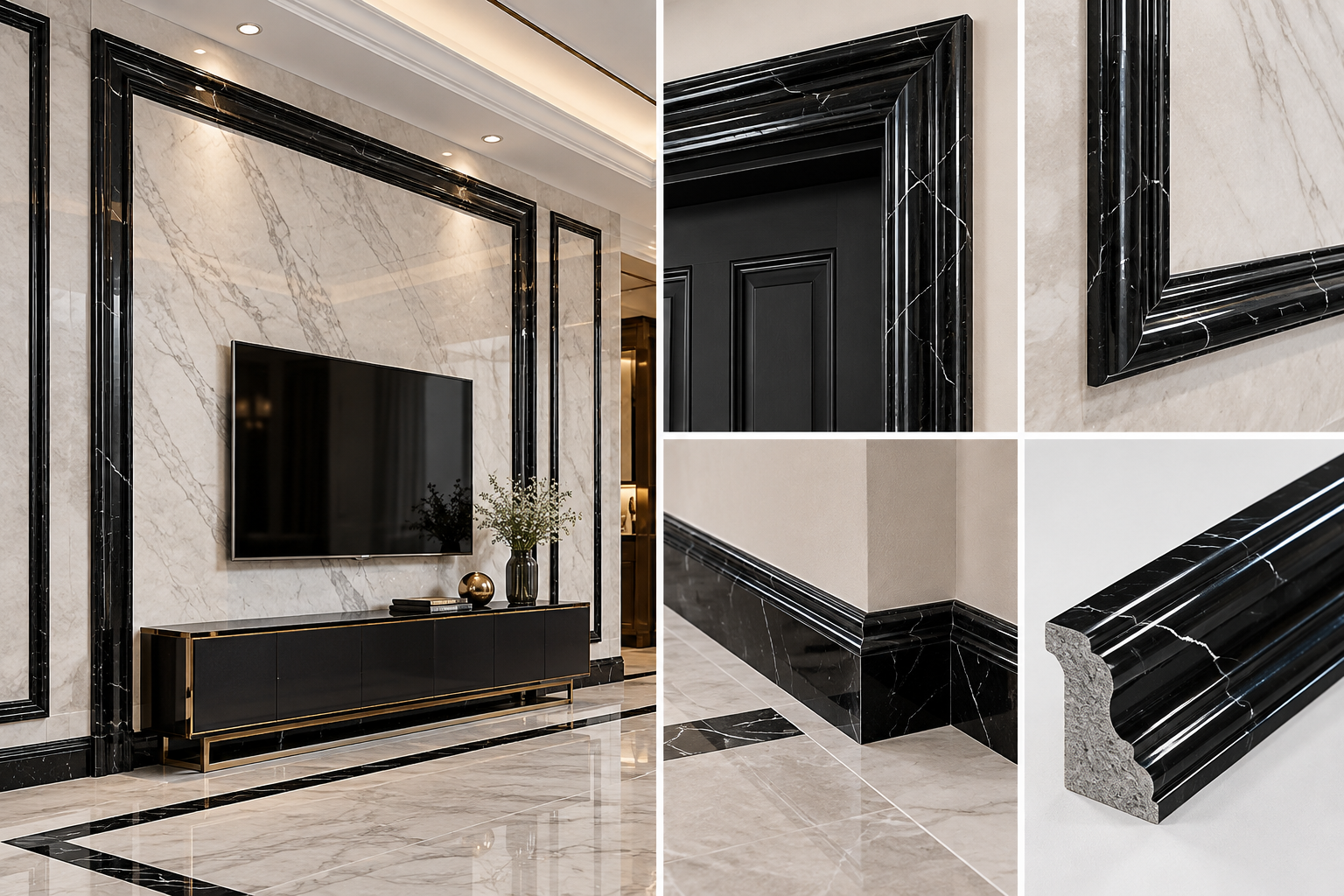 Natural Nero Marquina Marble Trim – Black Stone Molding for Wall Decoration