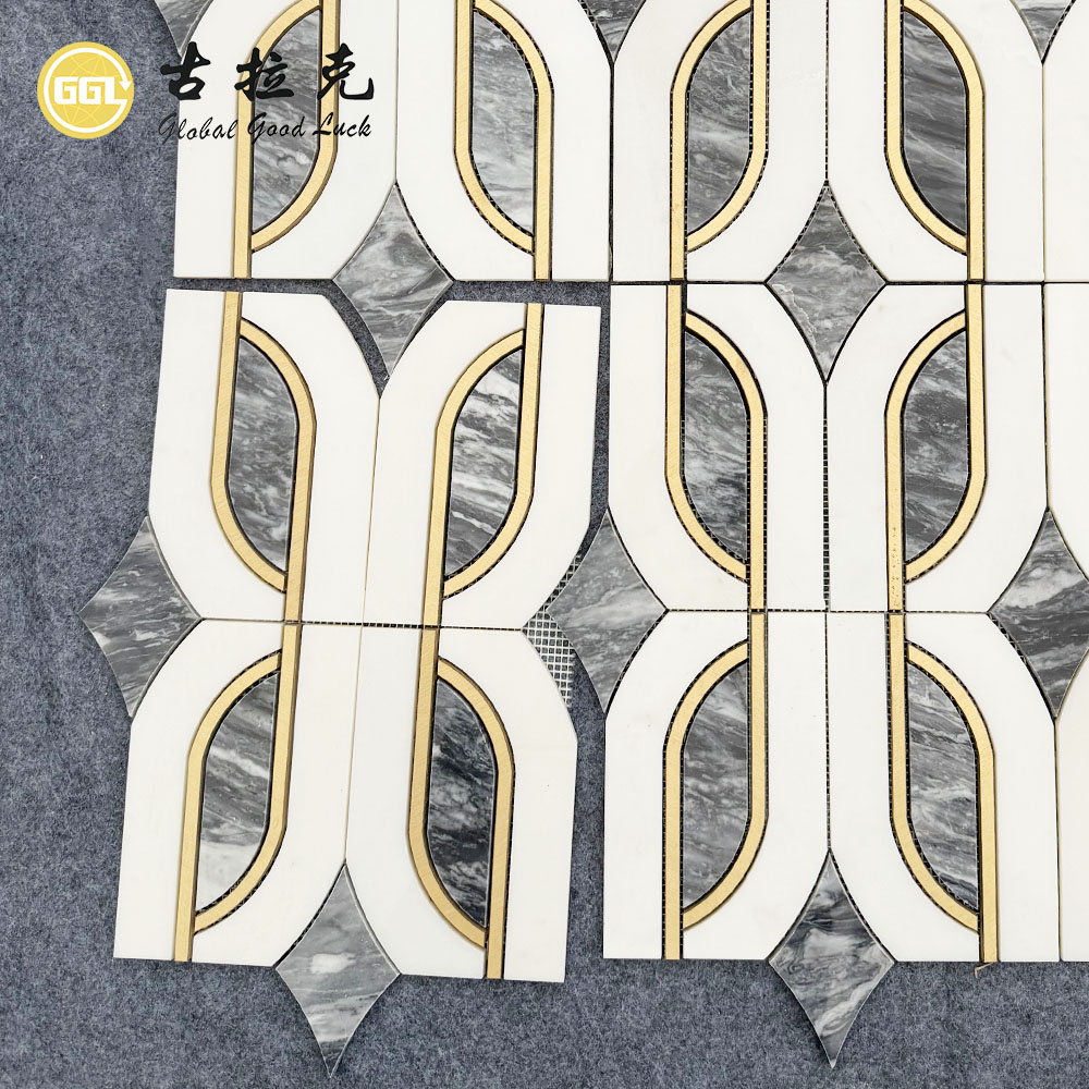 Natural Marble Waterjet Mosaic Tile with Brass Inlay | Florence Grey & White Marble Design