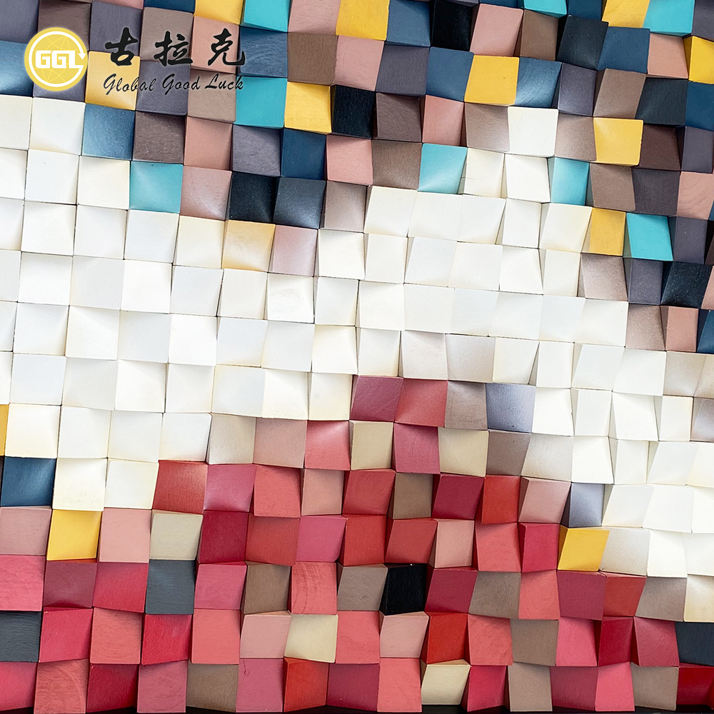 Handmade 3D Abstract Color Block Wood Mosaic Mural