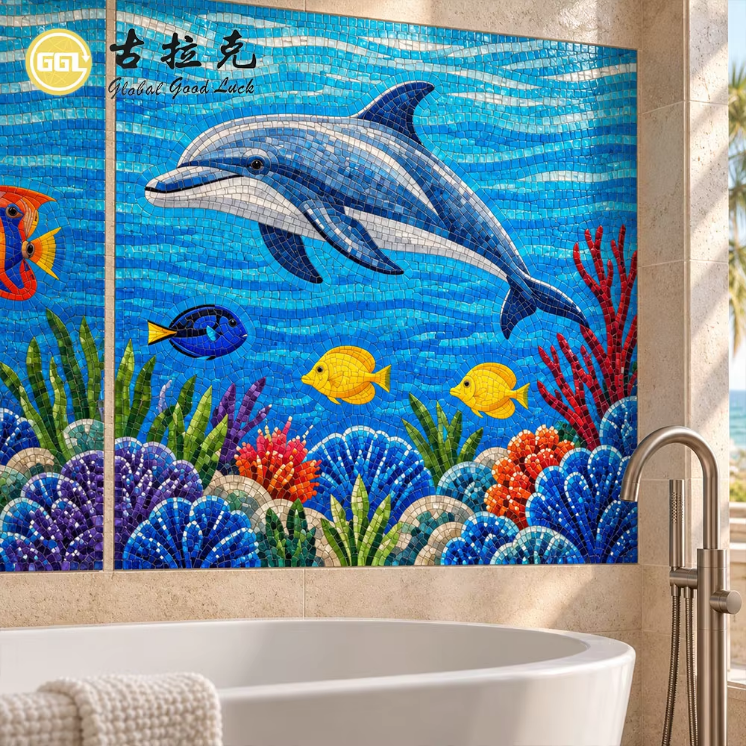 Custom Underwater Glass Mosaic Art Mural with Dolphin and Tropical Fish for Pool Walls
