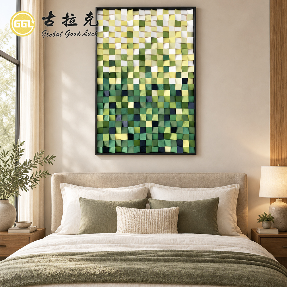 Handmade 3D Green Gradient Wood Mosaic Mural
