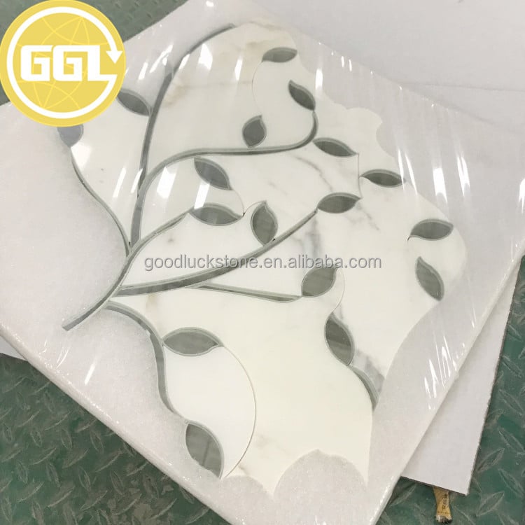 กระเบื้องโมเสคตกแต่งผนังลวดลายดอกไม้แบบหินอ่อนสีขาวผสมกระจกตัดด้วยน้ำเนฟัส