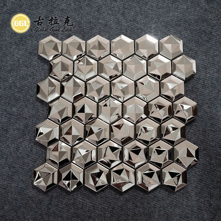 Plăci de perete decorative din metal mozaic hexagonal cu suprafață lucioasă, efect 3D din oțel inoxidabil