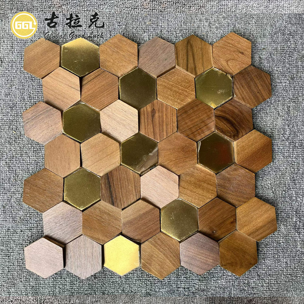 Ubin Mosaik Kayu Alami | Panel Dinding Mosaik Kayu Berbentuk Heksagon untuk Dinding Fitur Interior