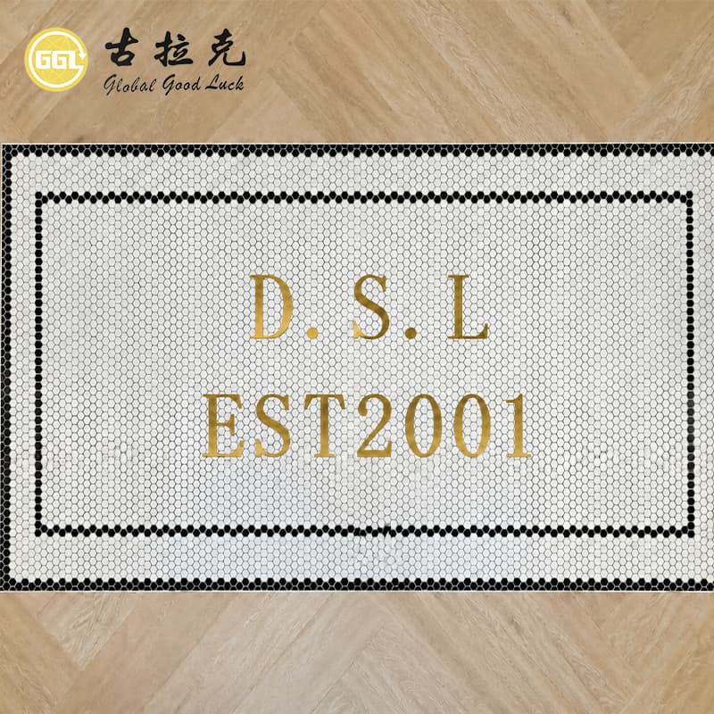 Custom Hexagon Ceramic Mosaic Floor Art with Personalized Logo and Lettering