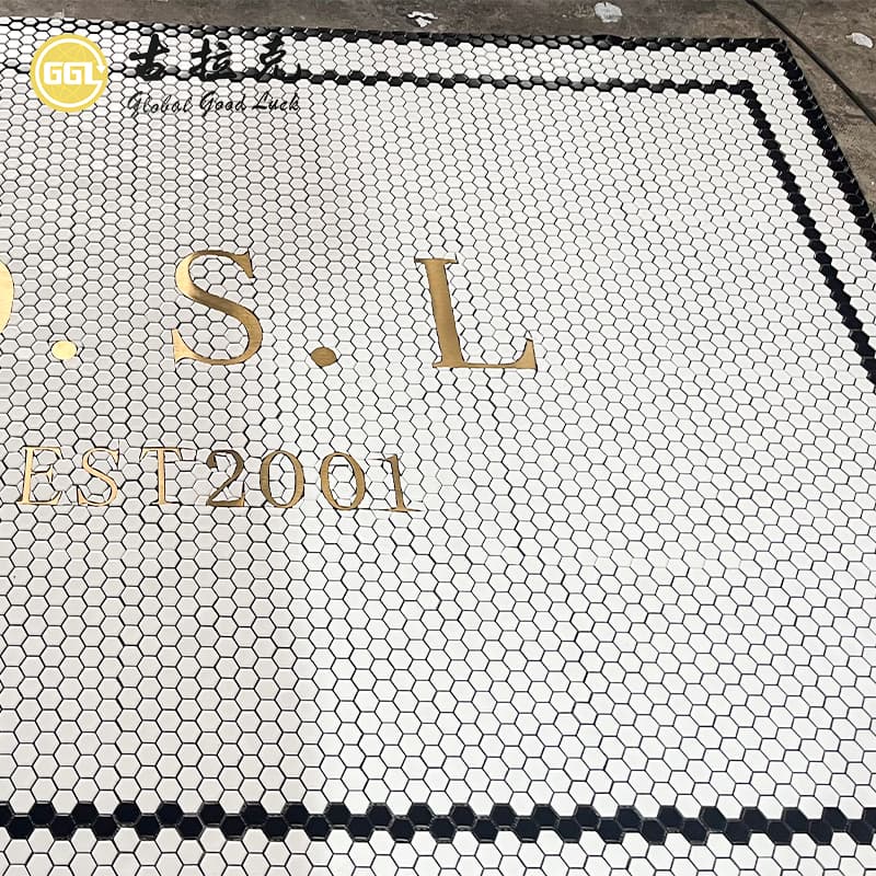 Custom Hexagon Ceramic Mosaic Floor Art with Personalized Logo and Lettering