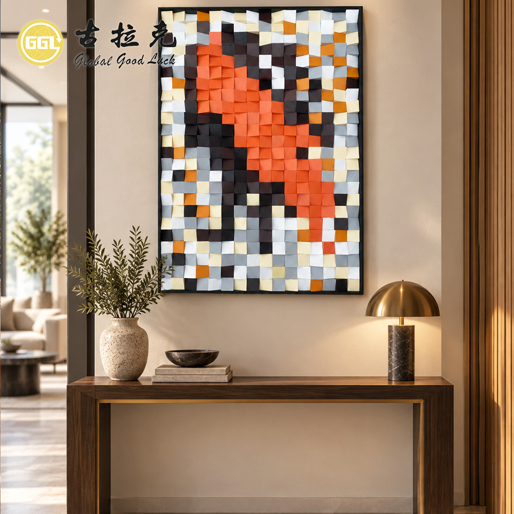 Handmade 3D Abstract Wood Mosaic Mural with Orange & Black Tones
